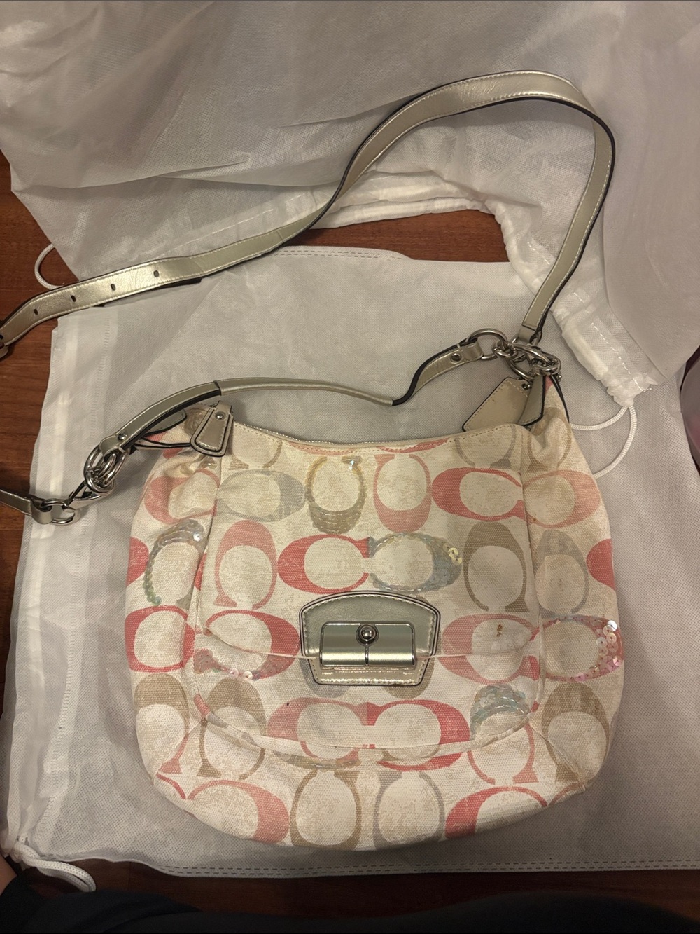 Coach Pink & Cream Signature Canvas Shoulder Bag with Silver Hardware
